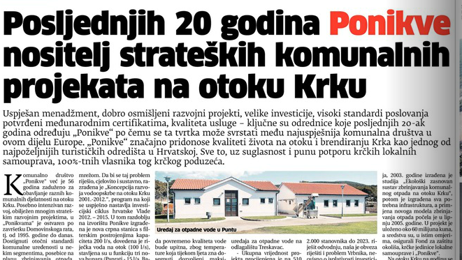 Novi list, 12.6.2016. Posljednjih 20 godina Ponikve nositelj strateških komunalnih projekata na otoku Krku