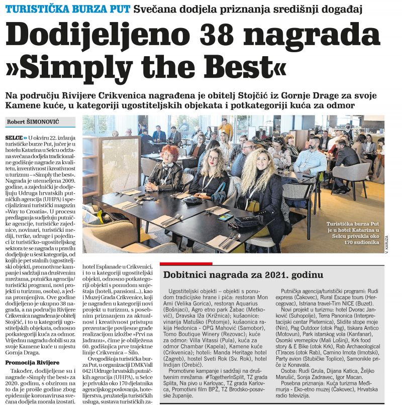 Članak Novi list - dodijeljeno 38 nagrada Simply the Best